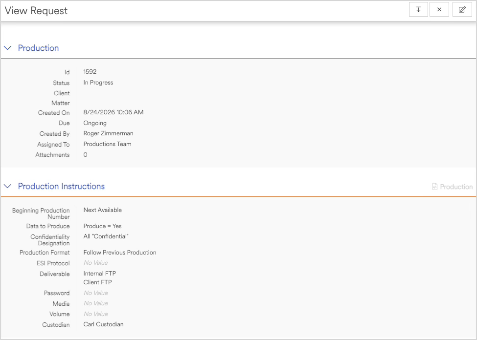 Production request details including status, client, and instructions for production.